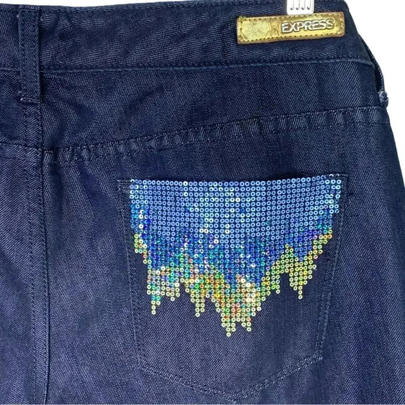 Express New Stella Boot Leg Embellished Denim Blue Waxed Jeans Sequins Size 12 - Picture 5 of 14